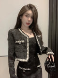 Autumn Small Fragrance Women 2 Piece Set Beaded Tweed Short Jacket Coat + Bodycon Mini Dress Elegant Fashion Party Dress Suit