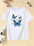 Girls Blue Butterfly Fashion Design T-shirt Kids' Summer Top