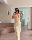 Women's Floral Print Maxi Dress Backless Summer Beachwear