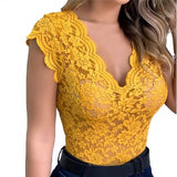 Sexy Deep V Neck Sleeveless Lace Blouse Shirts Summer Women Lace Patchwork Pullover Tops
