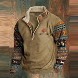 Men’s Graphic Patchwork Hoodie – Vintage Zipper Stand Collar Top