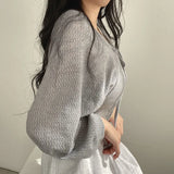 Women's White Knit Cardigan Korean Style Lace-Up Summer Top