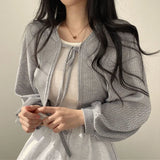 Women's White Knit Cardigan Korean Style Lace-Up Summer Top