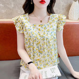Sweet Floral Print Square Neck Chiffon Shirt Women's Summer