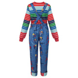 Chucky Costume Set: Striped Shirt & Blue Overalls Jump Dress - Cosplay
