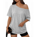 Women Casual One-Shoulder Ruched T-Shirt Summer Short-Sleeved