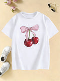 Girls' Bow with Cherry Fashion T-Shirts: Kids Summer Casual
