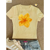 Hibiscus Pattern Printed T-shirt Summer O-neck Casual Women
