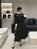 Fall New Vintage Thin Tweed Women 2 Piece Sets Outfits 2022 Stand Collar Single-breasted Jacket Long Skirt Two Piece Sets