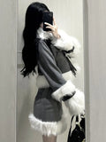 Winter Outwear Elegant 2 Piece Skirt Set Woman Korean Style Suit Warm Fashion Fur Coat Jacket + Casual Slim Y2k Mini Skirt