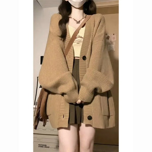 Women's Autumn Winter Chic Green Sweater Cardigan Mini Pleated Skirts Two Piece Set New Lady Loose Knit Jackets Skirt Outfits