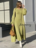 High Quality Women'S Solid Color Knitted Set, Sexy Long Sleeved Loose Long Cardigan Jacket+Sleeveless Dress Casual Two-Piece Set