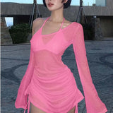 Women's Ruched Lace-Up Sheer Mini Party Dress Summer 2026