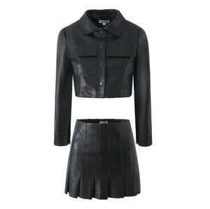 Matching Set Sexy Women Lapel Double Pockets Faux Leather Crop Jacket High Waist Mini Pleated Skirt Sets Black