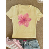 Hibiscus Pattern Printed T-shirt Summer O-neck Casual Women