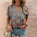 Women's T-Shirt Retro Floral Print Summer Casual V-Neck Lady