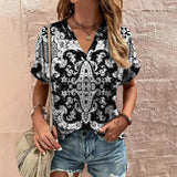 Women's T-Shirt Retro Floral Print Summer Casual V-Neck Lady