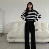 Korean Style Striped Cropped Sweater Women Oversize Knit Jumper