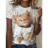 Cat Print T-Shirt Fashion Female Tees Tops Summer Clothing