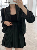 CJFHJE Fashion Stripe Blazer Women Autumn Notched Single Breasted Suit Korean Elegant Jacket High Elastic Waist Pleated Skirt