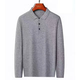 100% Pure Wool Winter Warm Soft Pullover Men's Business Lapel Knitwear Casual Solid Color Long Sleeve Polo Shirt Office