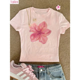 Hibiscus Pattern Printed T-shirt Summer O-neck Casual Women