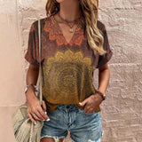 Women's T-Shirt Retro Floral Print Summer Casual V-Neck Lady