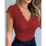 Sexy Deep V Neck Sleeveless Lace Blouse Shirts Summer Women Lace Patchwork Pullover Tops