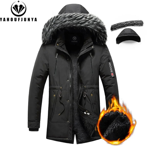 Men's Windproof Fleece Warm Detachable Hooded Parka Winter Jacket Solid Zipper Coat 6XL