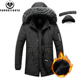 Men's Windproof Fleece Warm Detachable Hooded Parka Winter Jacket Solid Zipper Coat 6XL