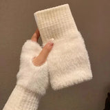Women's Fingerless Winter Gloves Warm Fleece Knit Mittens