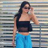 Women Y2K Mesh Crop Top Black Sheer Strapless Style