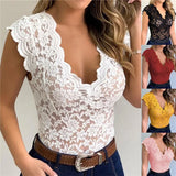 Sexy Deep V Neck Sleeveless Lace Blouse Shirts Summer Women Lace Patchwork Pullover Tops
