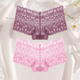 2Pcs Lace Four Shorts Women's Panties Floral Underwear S-XL
