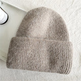 Women's Rabbit Fur Winter Hat Warm Beanie Solid Color Cap