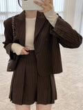 CJFHJE Fashion Stripe Blazer Women Autumn Notched Single Breasted Suit Korean Elegant Jacket High Elastic Waist Pleated Skirt