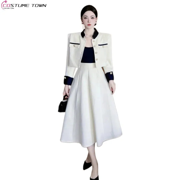 Fall New Vintage Thin Tweed Women 2 Piece Sets Outfits 2022 Stand Collar Single-breasted Jacket Long Skirt Two Piece Sets