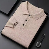 100% Pure Wool Winter Warm Soft Pullover Men's Business Lapel Knitwear Casual Solid Color Long Sleeve Polo Shirt Office