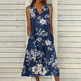 Women's Casual Summer Dress: V-neck Sleeveless Design Pocket