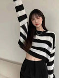 Korean Style Striped Cropped Sweater Women Oversize Knit Jumper