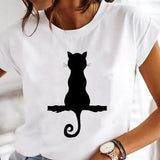 Women's Cartoon Cat Print Short-Sleeved T-Shirt Style Cloths