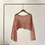Long Sleeve Crochet Knit Top Summer Beach Bikini Knitwear