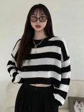Korean Style Striped Cropped Sweater Women Oversize Knit Jumper