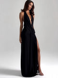 Women's Deep V Neck High Slit Backless Maxi Dress for Summer