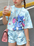 Girls Pink Tie Dye Stitch Cartoon 2Pcs Shorts Set For Summer