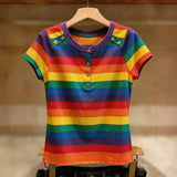 Rainbow Stripes Slim Fit Short Sleeve Korean Style T-Shirt