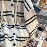 Striped Knit Sewater Women Loose Lazy Single-Breaster Hooded Cardigan Fashion Casual Fall Winter Pretty Style Patchwork Jacket