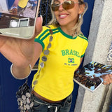 Y2K Five-Star Brazil Graphic Baby Tee Women's Crop Tops Y2K