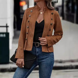 Spring Auutmn Jacket Blazer Coat Double-breasted Stand Collar Buttons Slim Long Sleeves Retro Cardigan Women Outdoor Suit Jacket