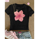Hibiscus Pattern Printed T-shirt Summer O-neck Casual Women